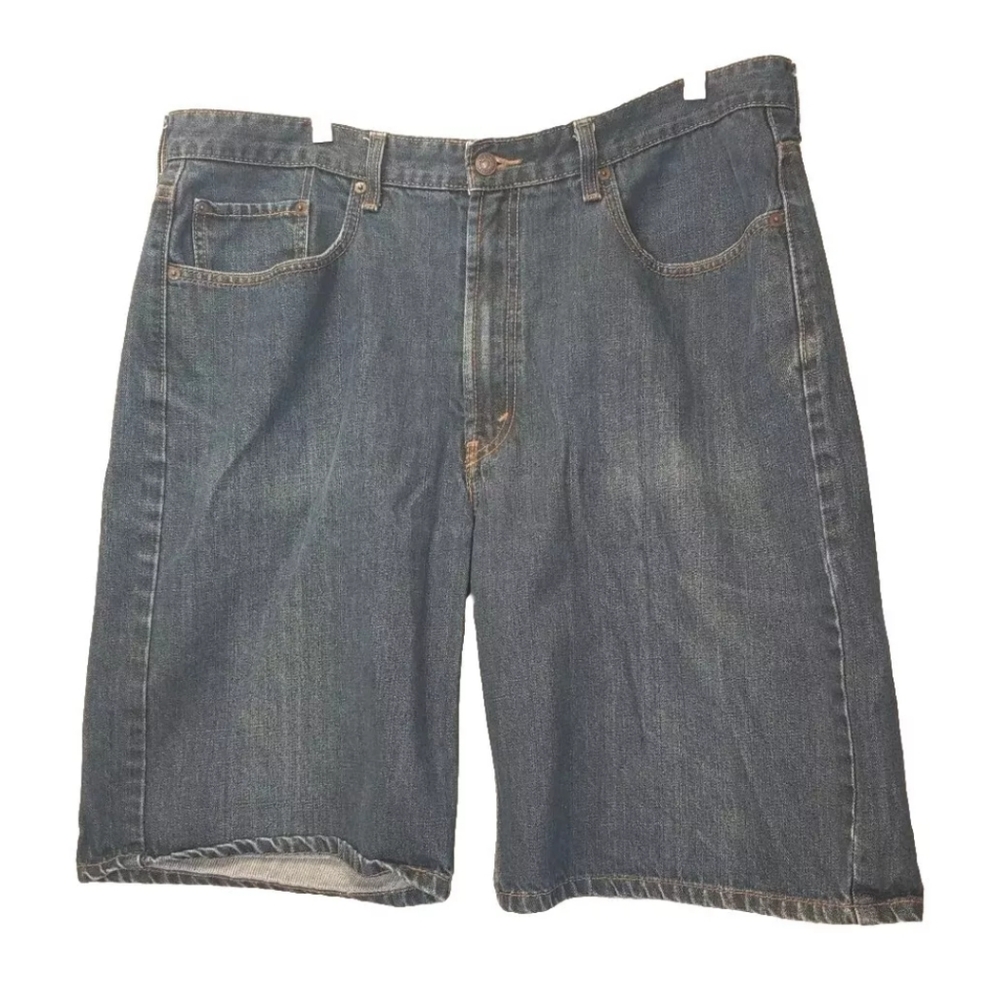 Levi's 569 Long Jean Shorts Sz 38/11" Loose Straight Jorts Blue Stretch Denim